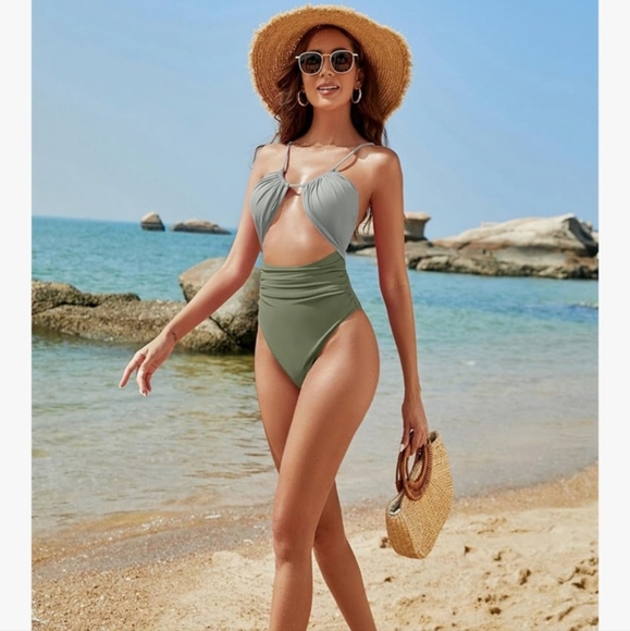 Stylish Olive Green Cutout Swimsuit NWT - Picture 9 of 16